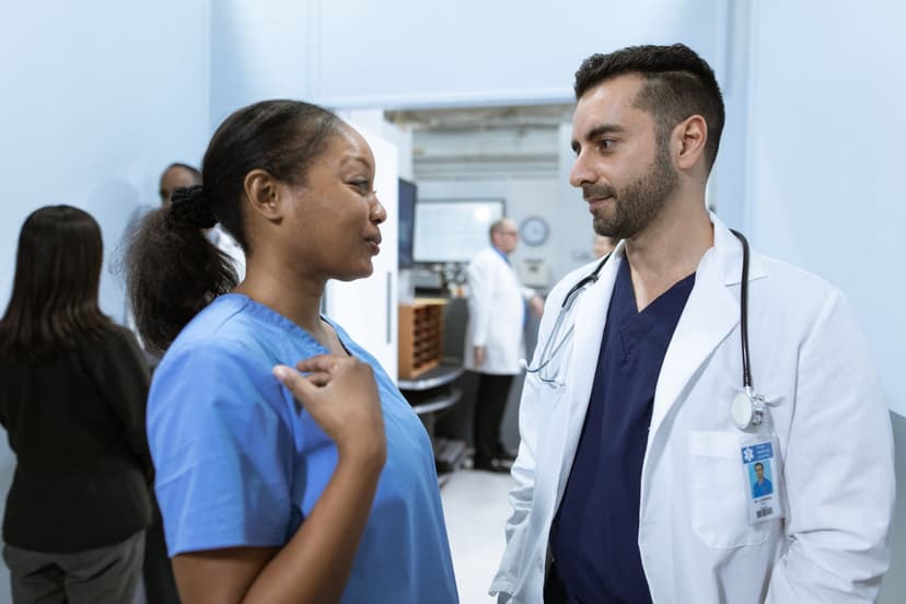 A nurse in blue scrubs and a physician in a white coat talk in a clinic corridor.